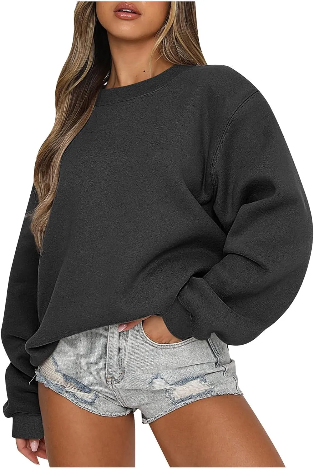 Ceboyel Womens Oversized Sweatshirts 2023 Solid Color Long Sleeve Tops Crew Neck Trendy Pullover Y2K Fall Fashion Outfits