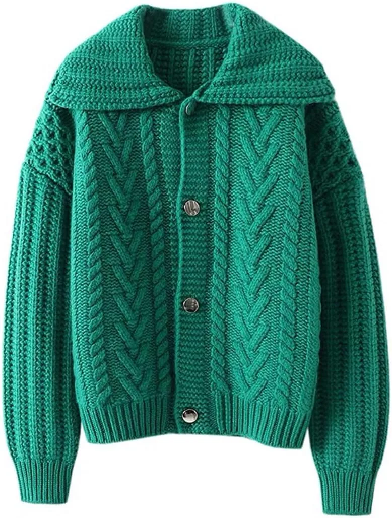 CHARTOU Women Winter Thick Cardigan Lapel Collar Button Down Chunky Knit Coatigan Sweater Jacket