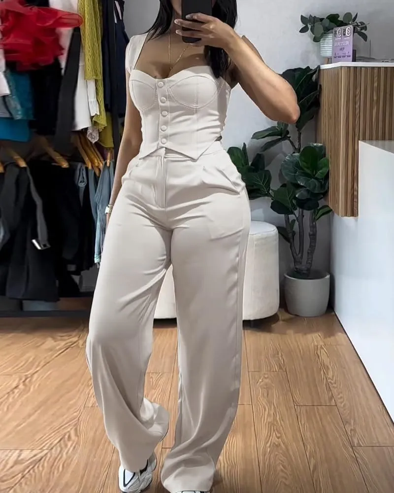 CHICME Women's 2 Piece Outfit Thick Strap Button Front Tank Top with Wide Leg Pants Casual Outfit Sets