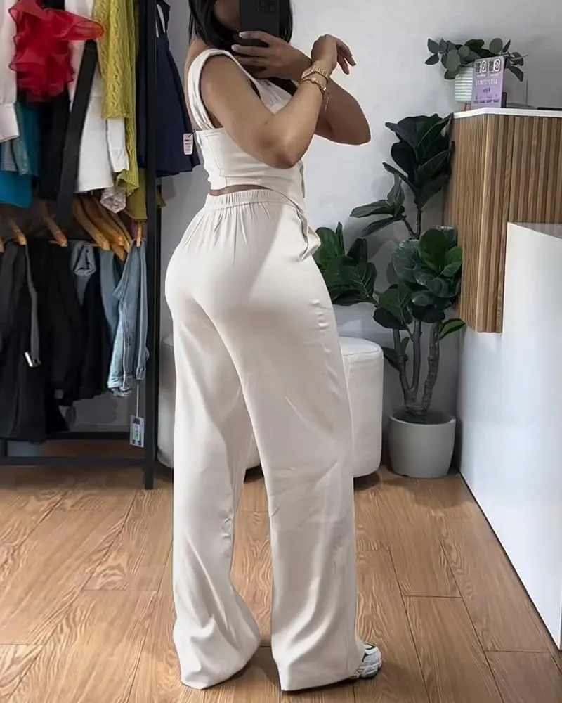 CHICME Women's 2 Piece Outfit Thick Strap Button Front Tank Top with Wide Leg Pants Casual Outfit Sets