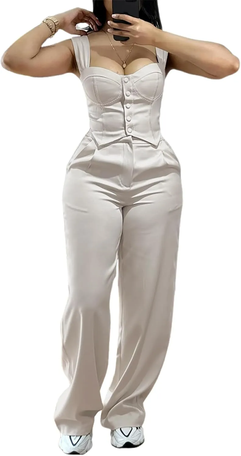 CHICME Women's 2 Piece Outfit Thick Strap Button Front Tank Top with Wide Leg Pants Casual Outfit Sets
