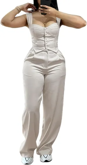 CHICME Women's 2 Piece Outfit Thick Strap Button Front Tank Top with Wide Leg Pants Casual Outfit Sets