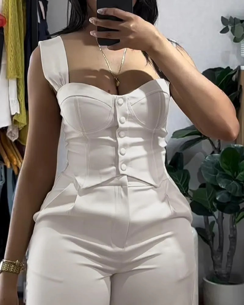CHICME Women's 2 Piece Outfit Thick Strap Button Front Tank Top with Wide Leg Pants Casual Outfit Sets