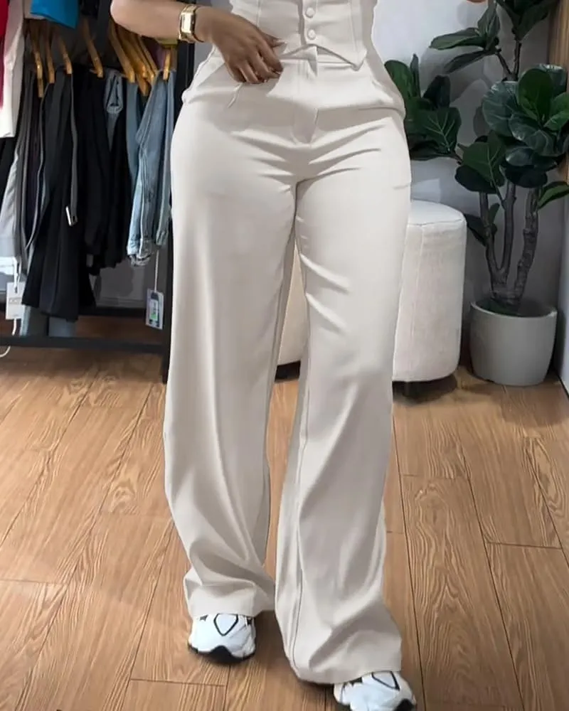 CHICME Women's 2 Piece Outfit Thick Strap Button Front Tank Top with Wide Leg Pants Casual Outfit Sets
