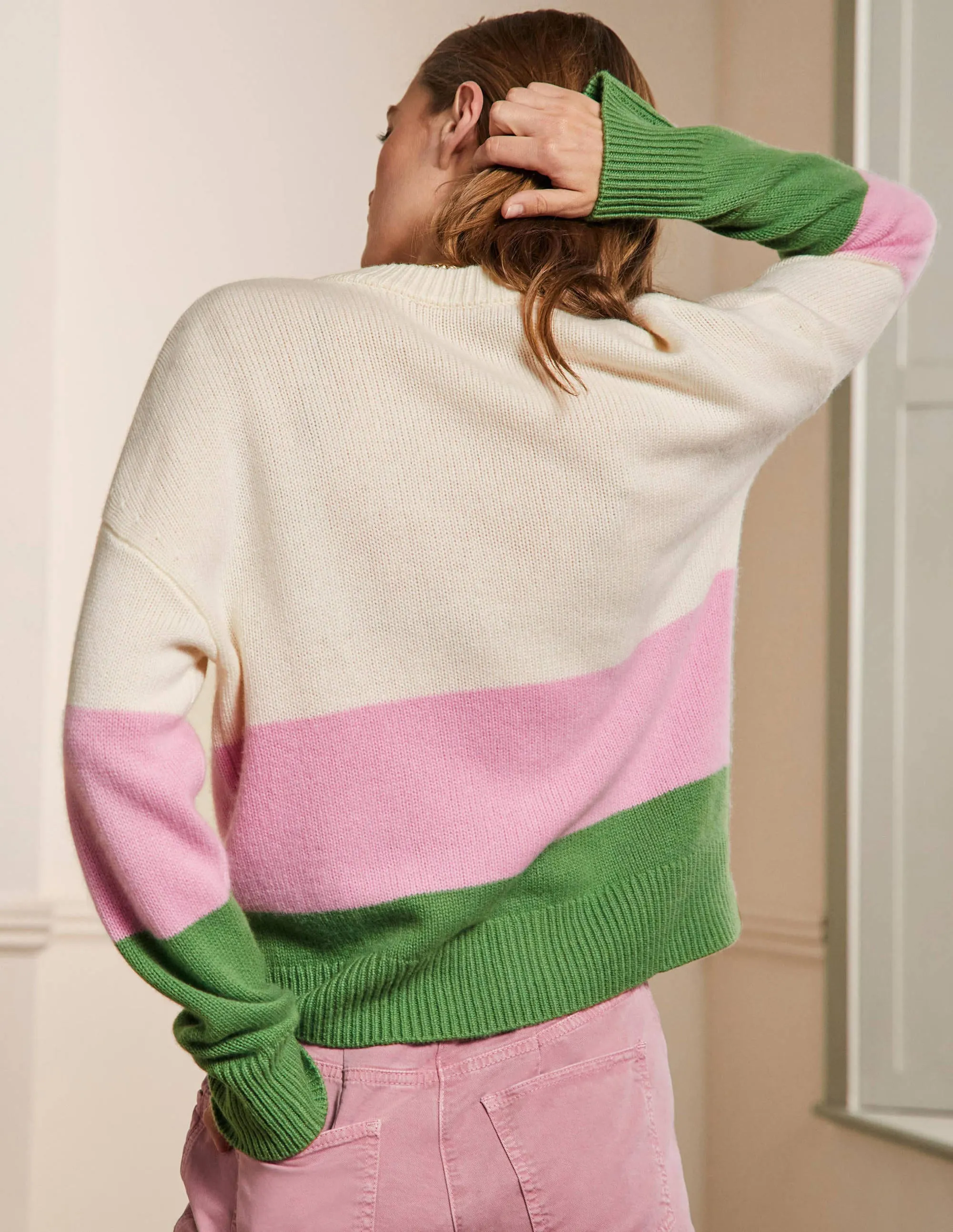 Chunky Cashmere Cardigan-English Ivy, Cameo Pink Stripe