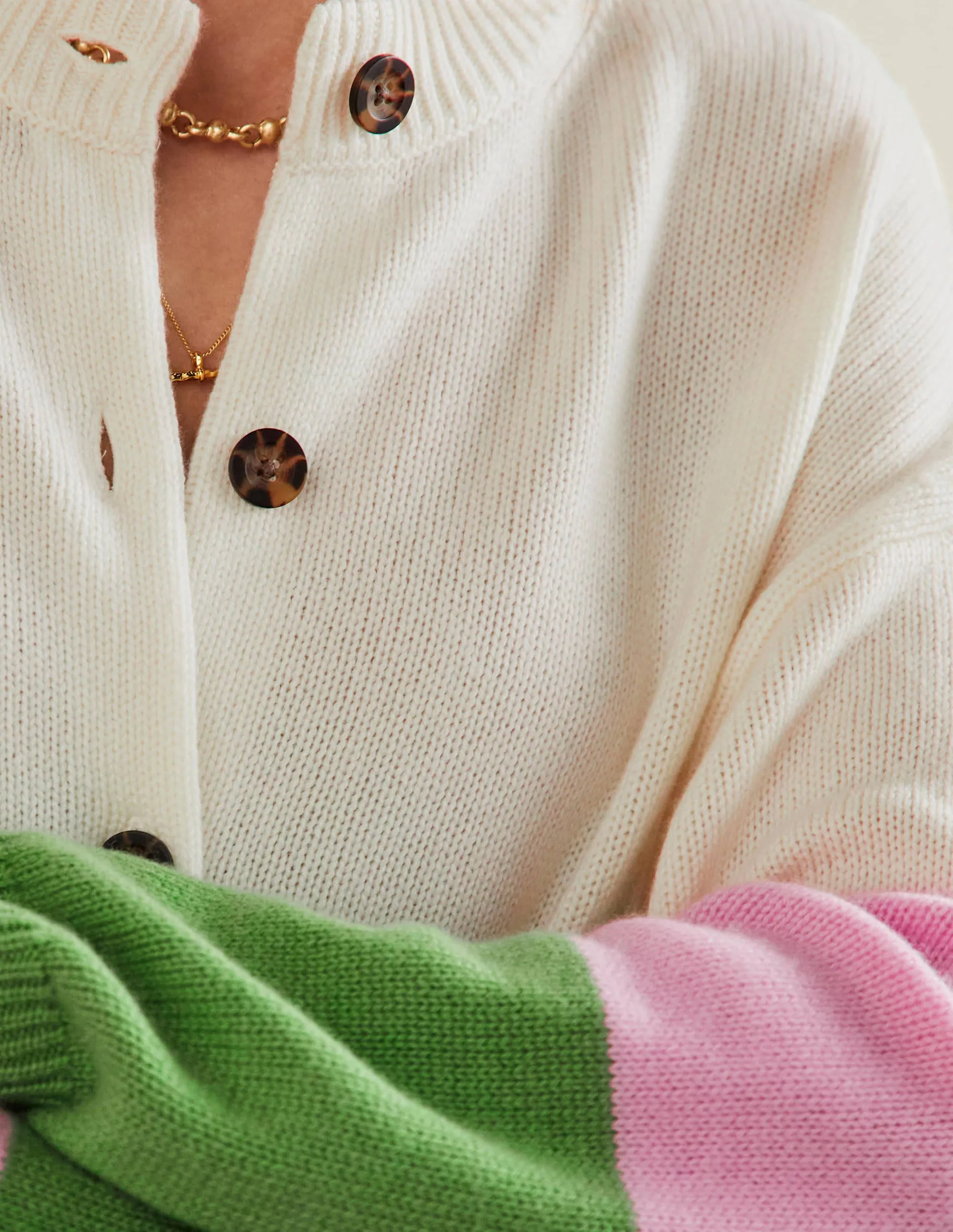 Chunky Cashmere Cardigan-English Ivy, Cameo Pink Stripe