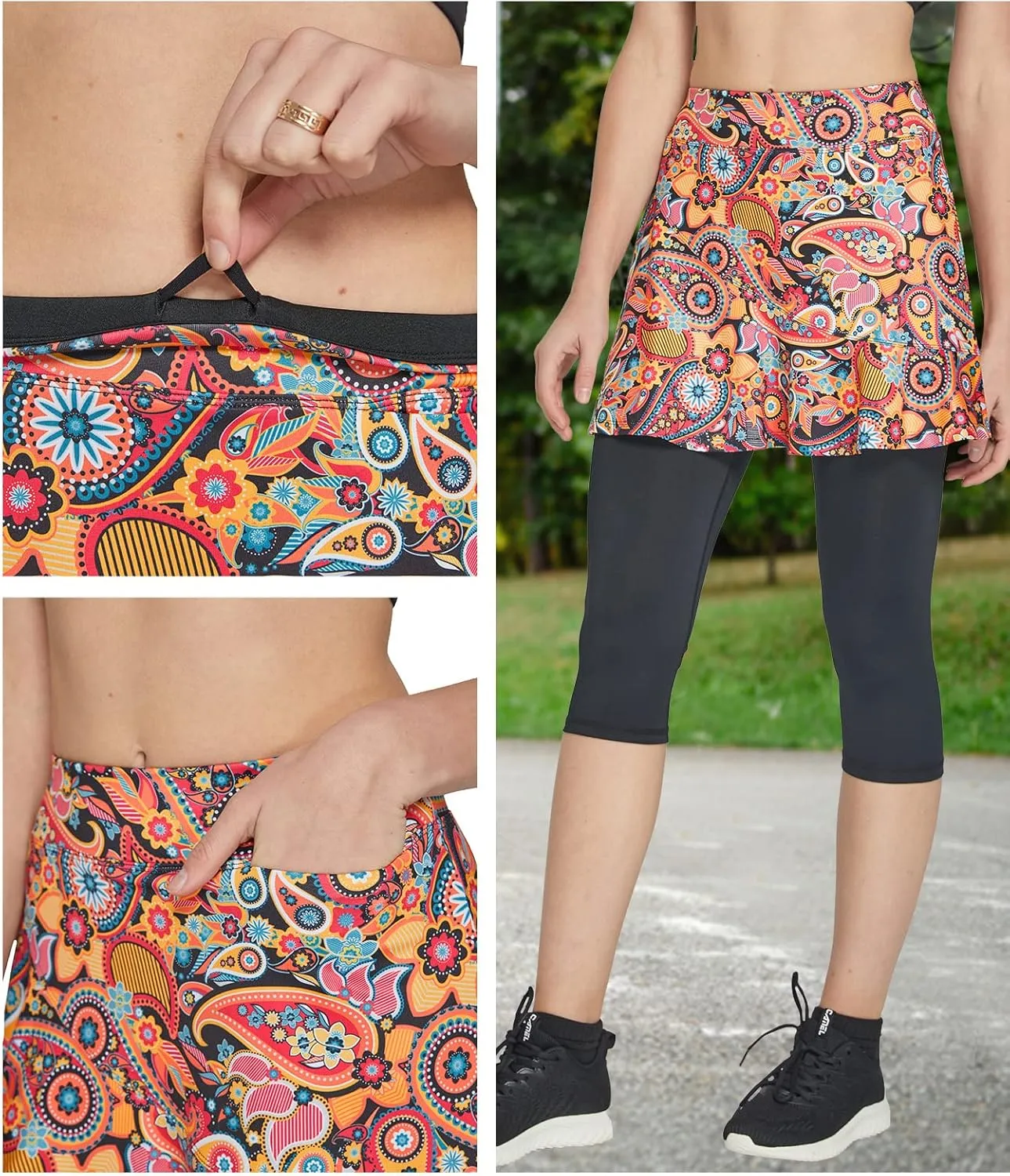 Cityoung Women Skorts Pants Capri with Attached Skirt Golf Skirted Leggings Skirts with Leggings Pockets Workout