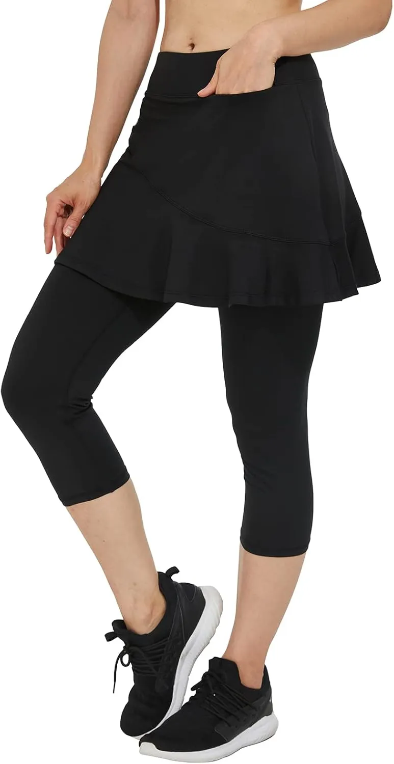 Cityoung Women Skorts Pants Capri with Attached Skirt Golf Skirted Leggings Skirts with Leggings Pockets Workout