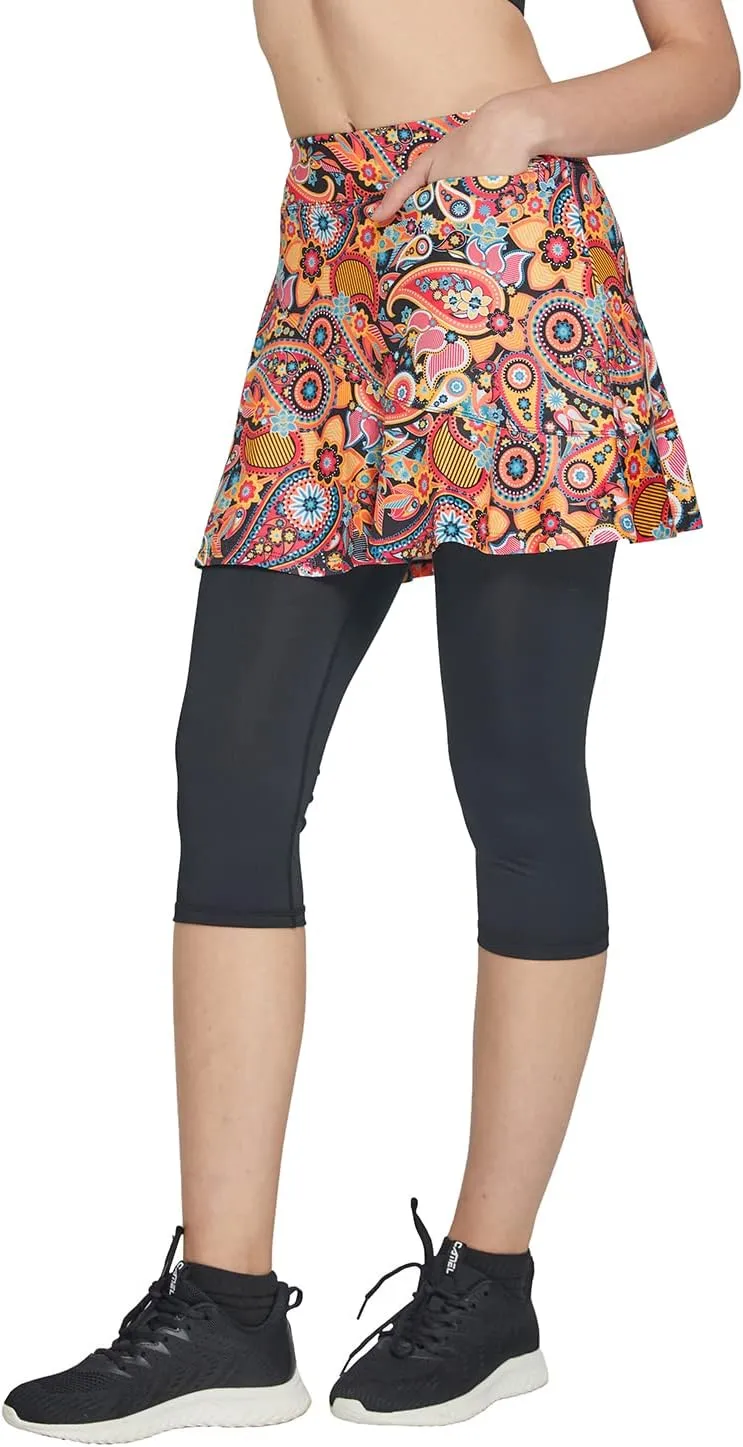 Cityoung Women Skorts Pants Capri with Attached Skirt Golf Skirted Leggings Skirts with Leggings Pockets Workout