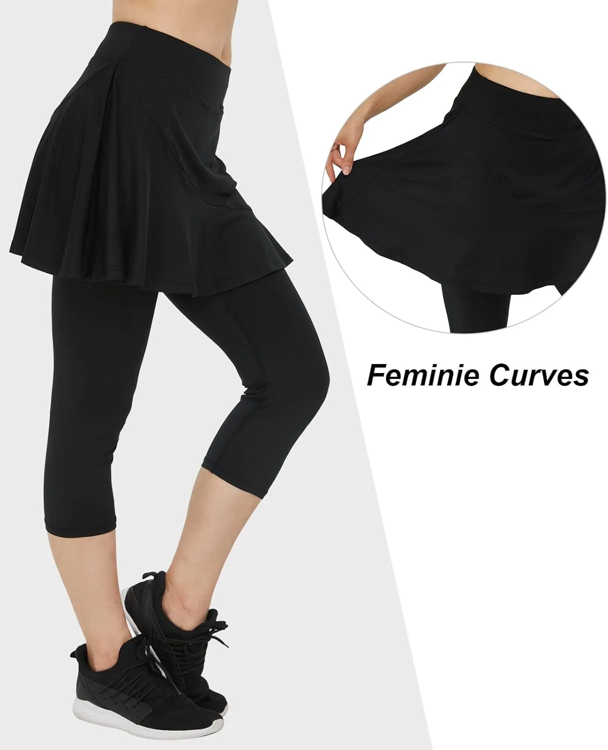 Cityoung Women Skorts Pants Capri with Attached Skirt Golf Skirted Leggings Skirts with Leggings Pockets Workout