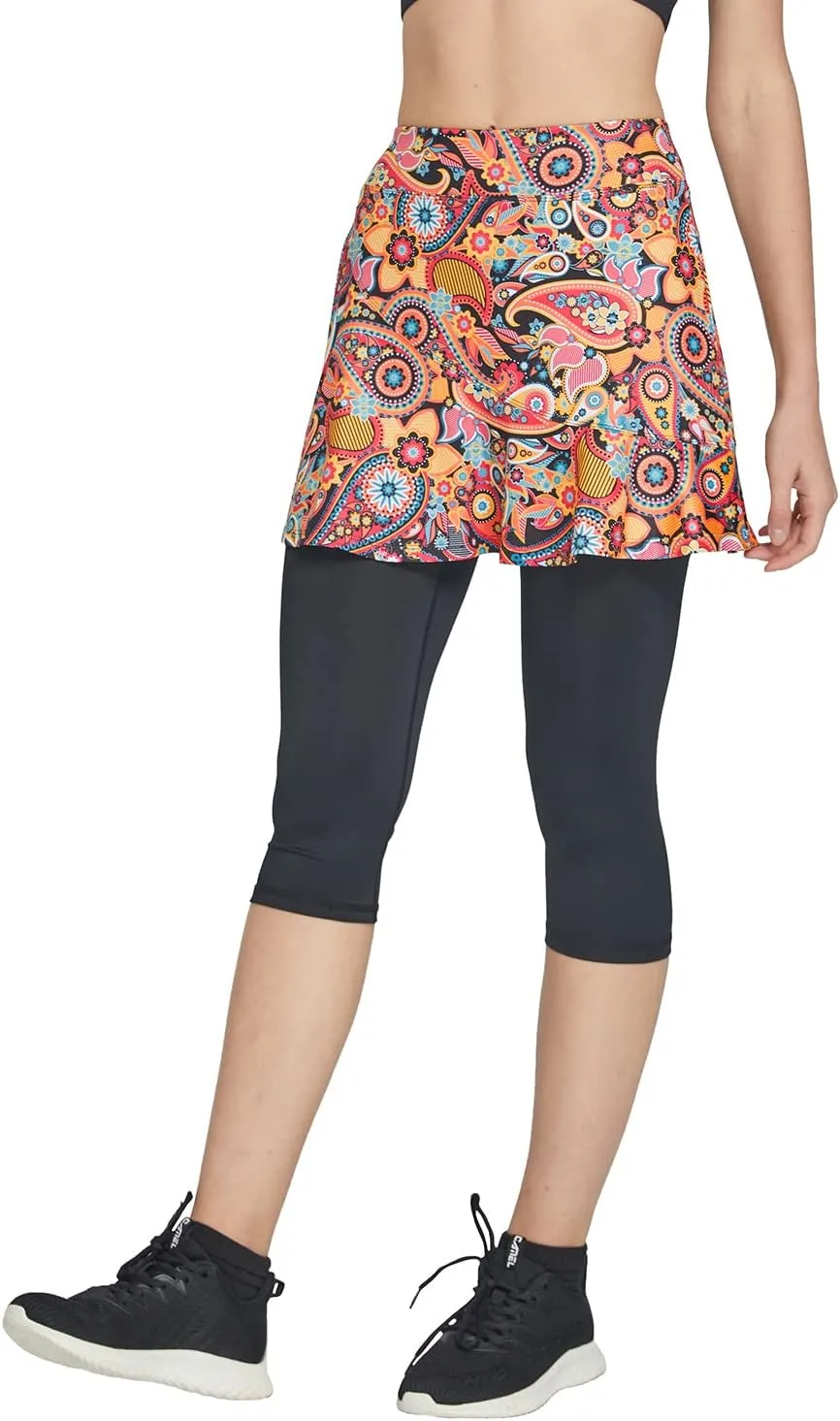Cityoung Women Skorts Pants Capri with Attached Skirt Golf Skirted Leggings Skirts with Leggings Pockets Workout