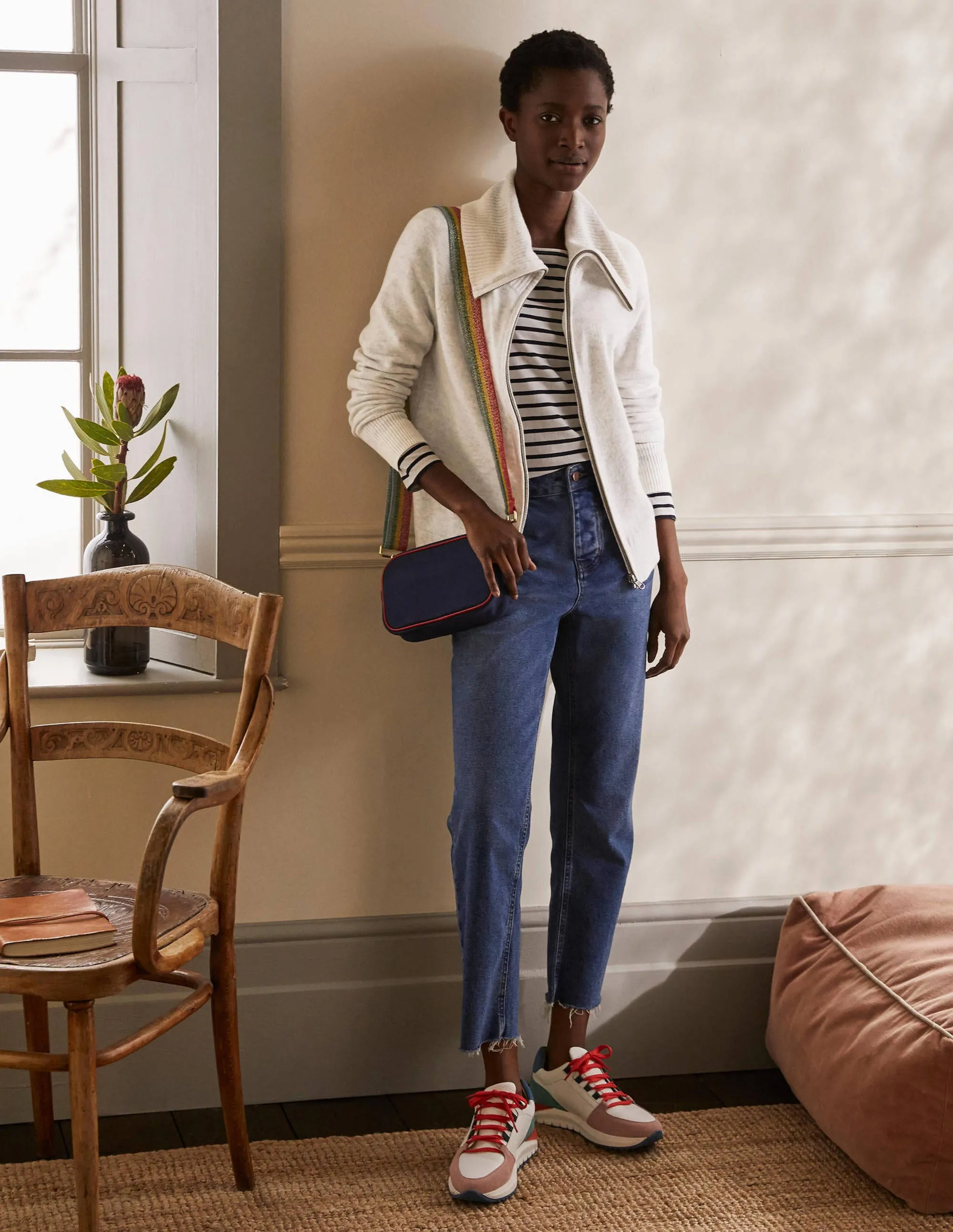 Collared Zip-up Cardigan-Silver Melange