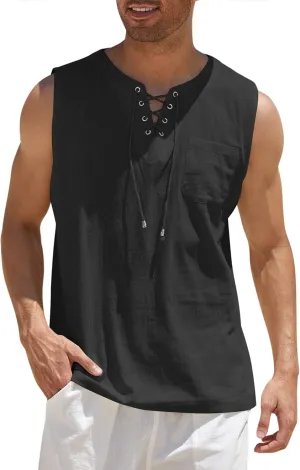 COOFANDY Men's Cotton Linen Tank Top Shirts Casual Sleeveless Lace Up Beach Hippie Tops Bohemian Renaissance Pirate Tunic