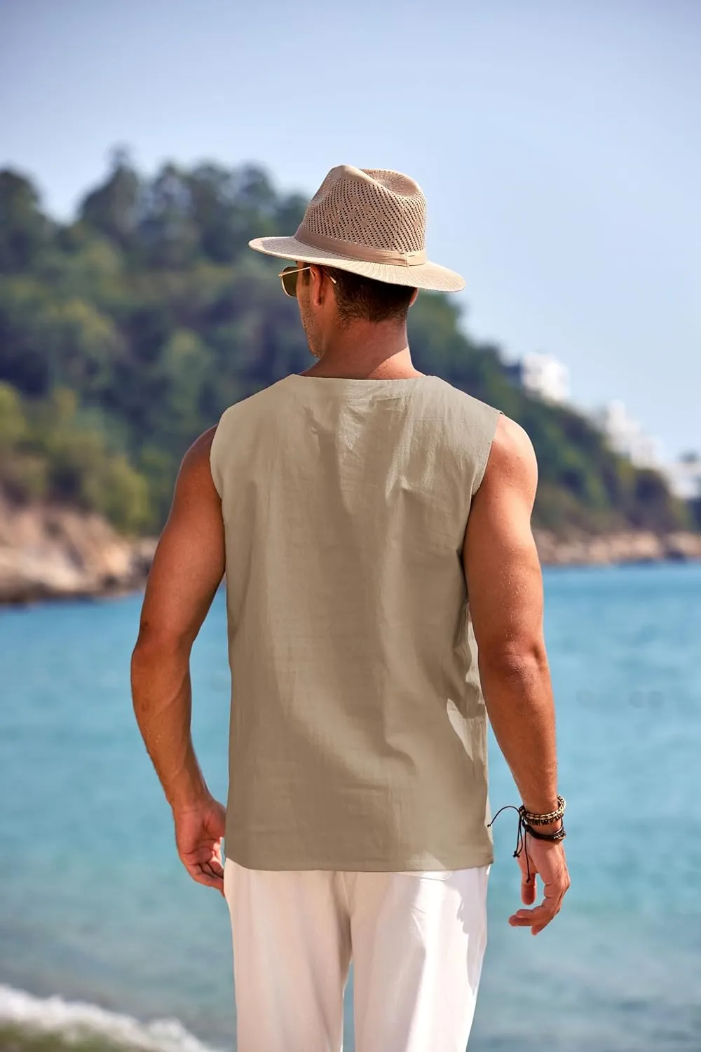 COOFANDY Men's Cotton Linen Tank Top Shirts Casual Sleeveless Lace Up Beach Hippie Tops Bohemian Renaissance Pirate Tunic