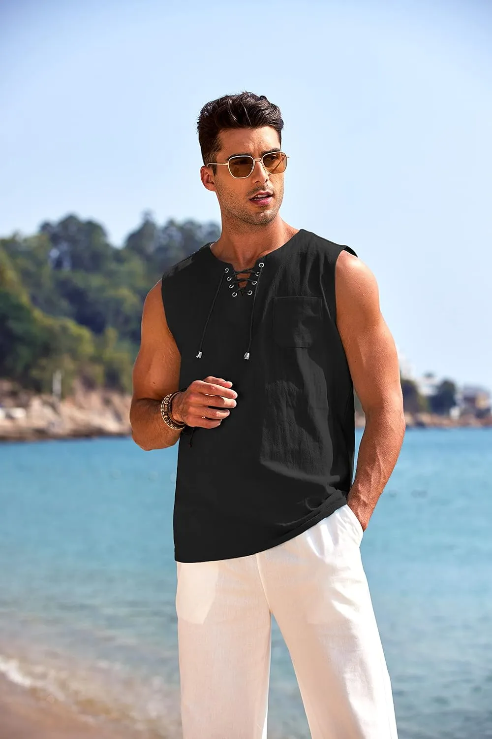 COOFANDY Men's Cotton Linen Tank Top Shirts Casual Sleeveless Lace Up Beach Hippie Tops Bohemian Renaissance Pirate Tunic