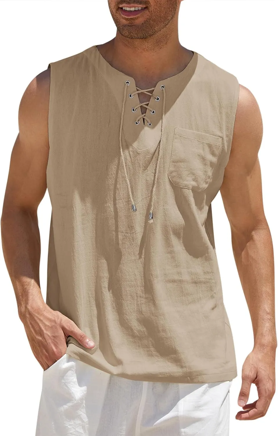 COOFANDY Men's Cotton Linen Tank Top Shirts Casual Sleeveless Lace Up Beach Hippie Tops Bohemian Renaissance Pirate Tunic