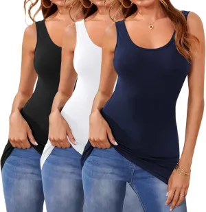 Cotton Long Tank Tops for Women Stretchy Sleeveless Layering Camisole Undershirts Running Yoga 3 Packs