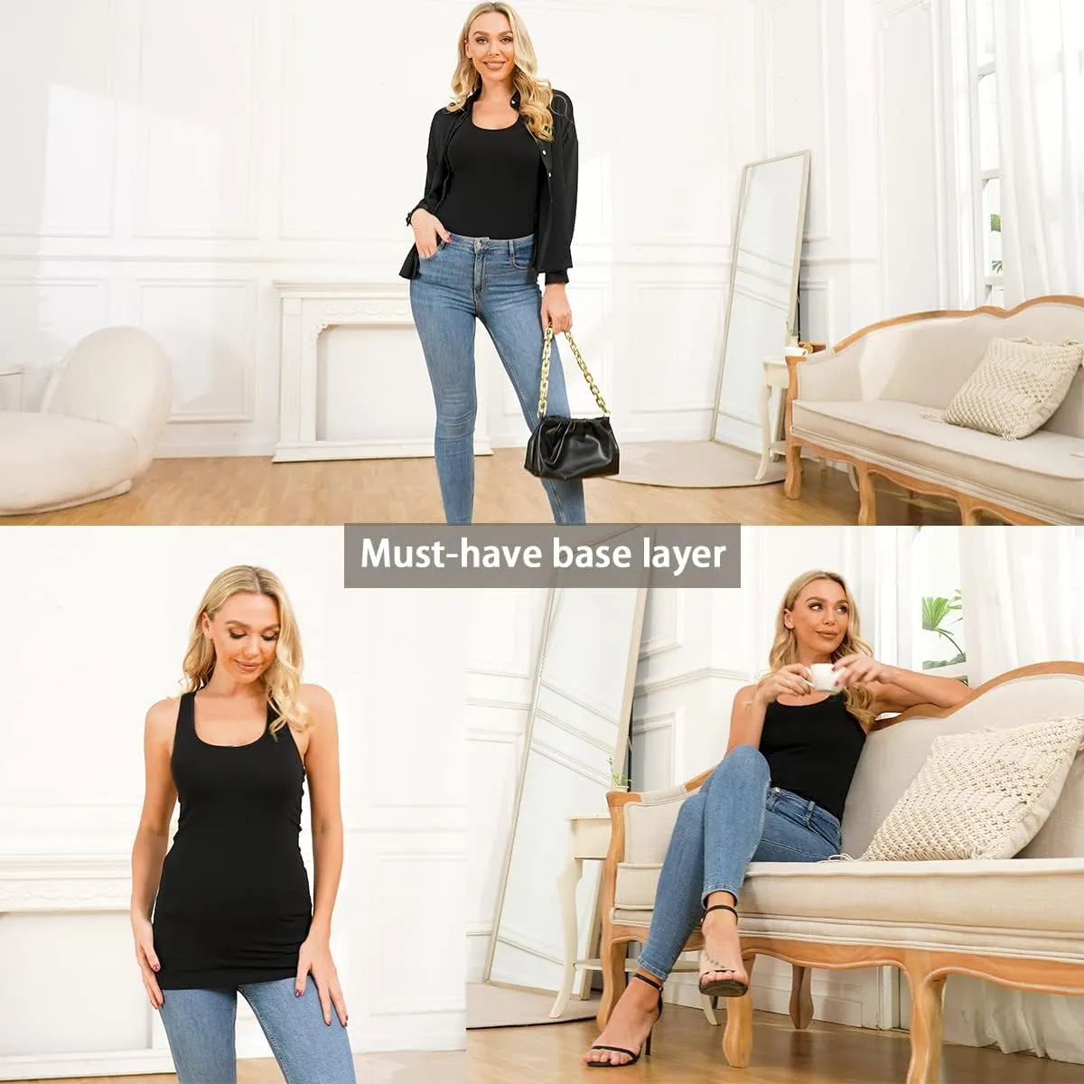 Cotton Long Tank Tops for Women Stretchy Sleeveless Layering Camisole Undershirts Running Yoga 3 Packs