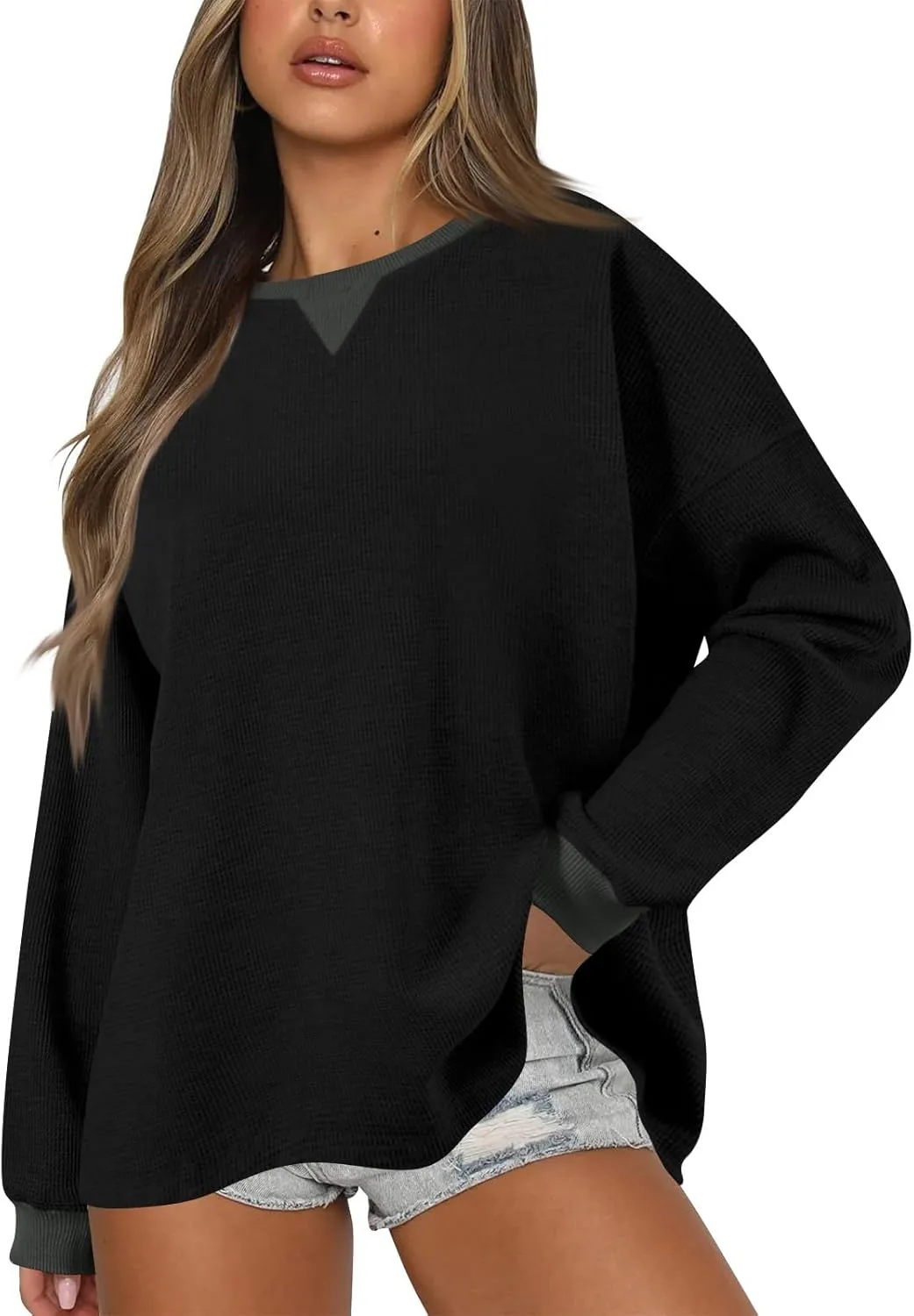 Crew Neck Sweatshirts Women Long Sleeve Waffle Knit Tops 2024 Fall Fashion Oversized Pullover Sweater Teacher Shirts