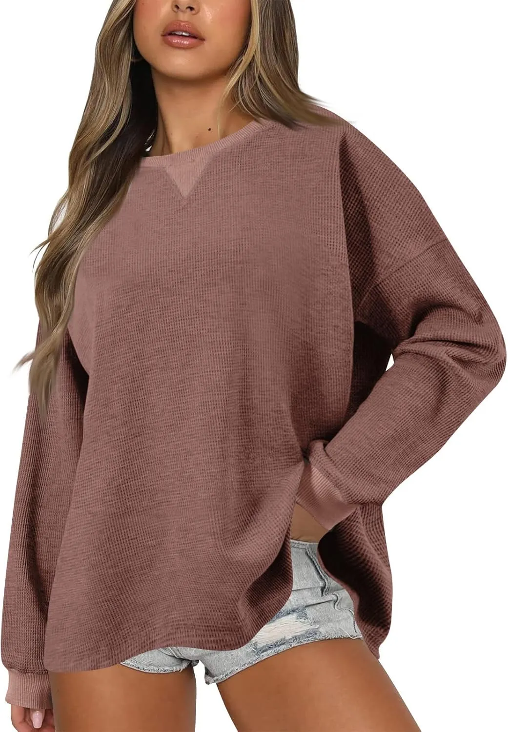 Crew Neck Sweatshirts Women Long Sleeve Waffle Knit Tops 2024 Fall Fashion Oversized Pullover Sweater Teacher Shirts