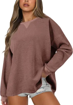 Crew Neck Sweatshirts Women Long Sleeve Waffle Knit Tops 2024 Fall Fashion Oversized Pullover Sweater Teacher Shirts