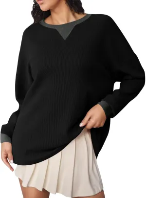 Crew Neck Sweatshirts Women Long Sleeve Waffle Knit Tops 2024 Fall Fashion Oversized Pullover Sweater Teacher Shirts
