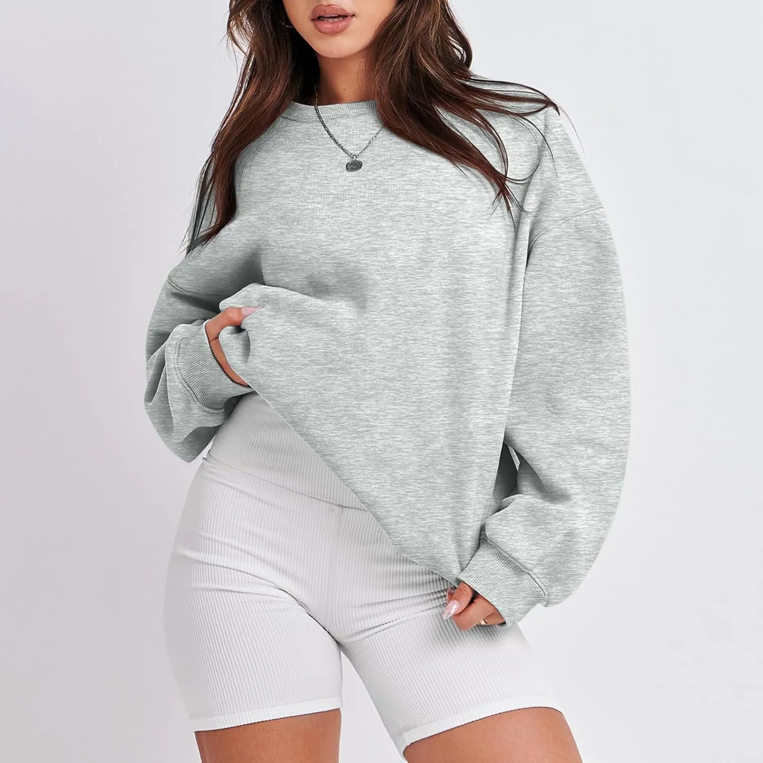 Crewneck Sweatshirts Women Trendy Drop Shoulder Cute Oversized Sweatshirt Comfy Long Sleeve Fleece Pullover Sweater