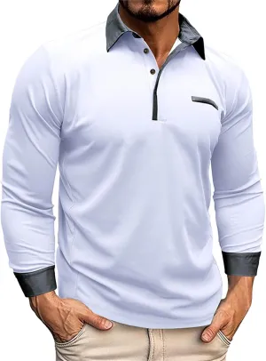 CRNTCEM Mens Long Sleeves Button Up Polo Shirts Chinos Cotton Slim Fit Tennis Shirts Lapel Collar Business Work Golf Teeshirt