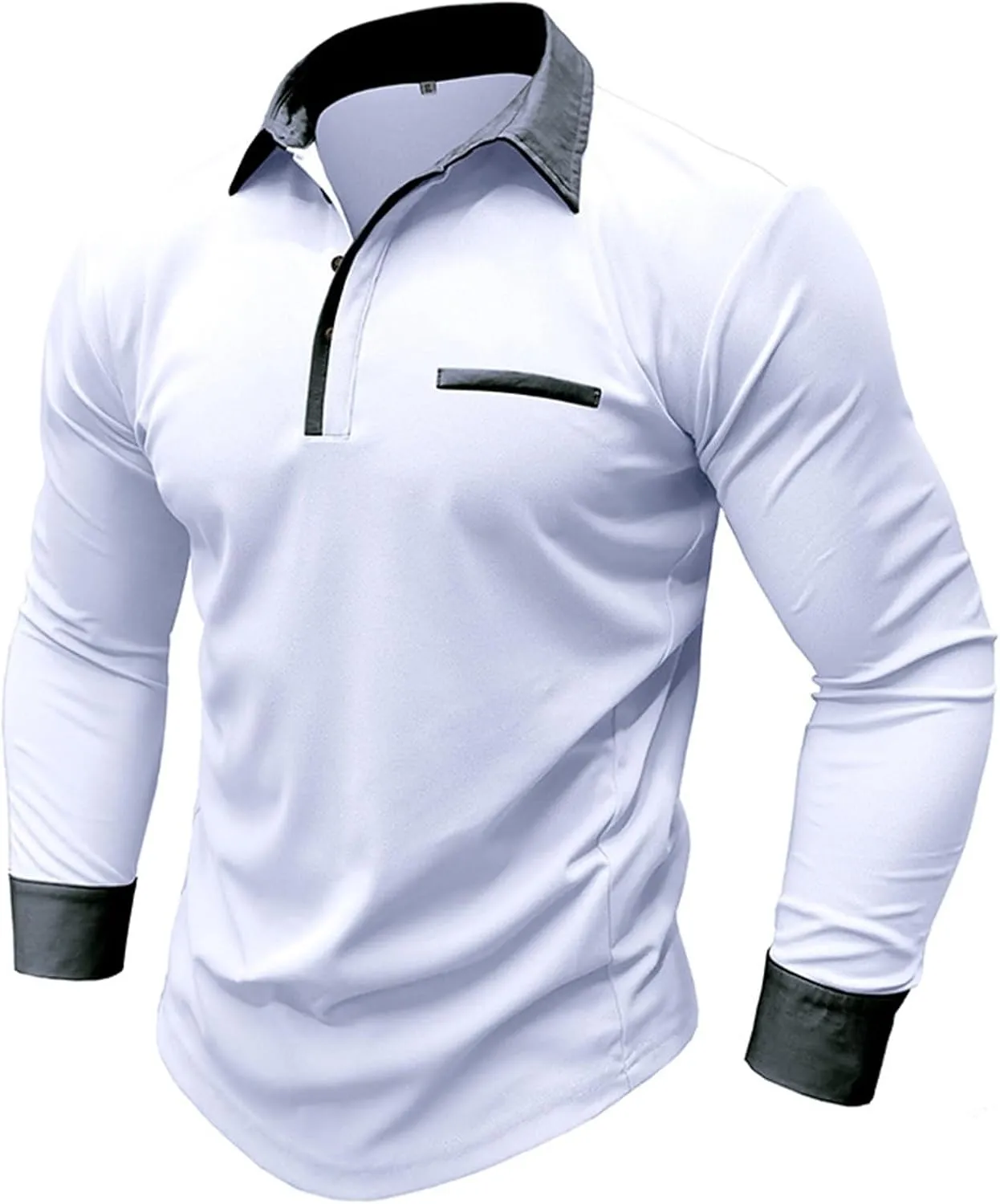 CRNTCEM Mens Long Sleeves Button Up Polo Shirts Chinos Cotton Slim Fit Tennis Shirts Lapel Collar Business Work Golf Teeshirt