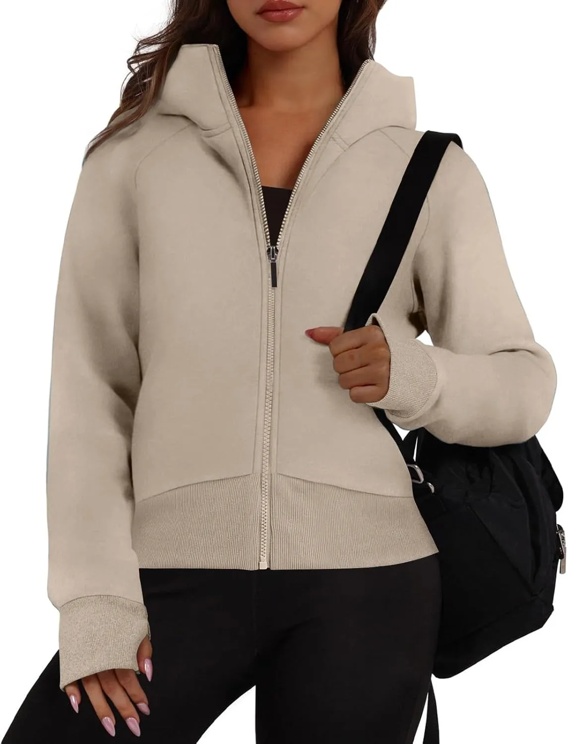 Cropped Zip Up Hoodie Women Oversized Sweatshirt with Thumb Holes 2024 Fall Outfits Y2k Fleece Jacket Winter Clothes