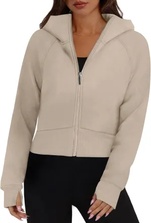 Cropped Zip Up Hoodie Women Oversized Sweatshirt with Thumb Holes 2024 Fall Outfits Y2k Fleece Jacket Winter Clothes