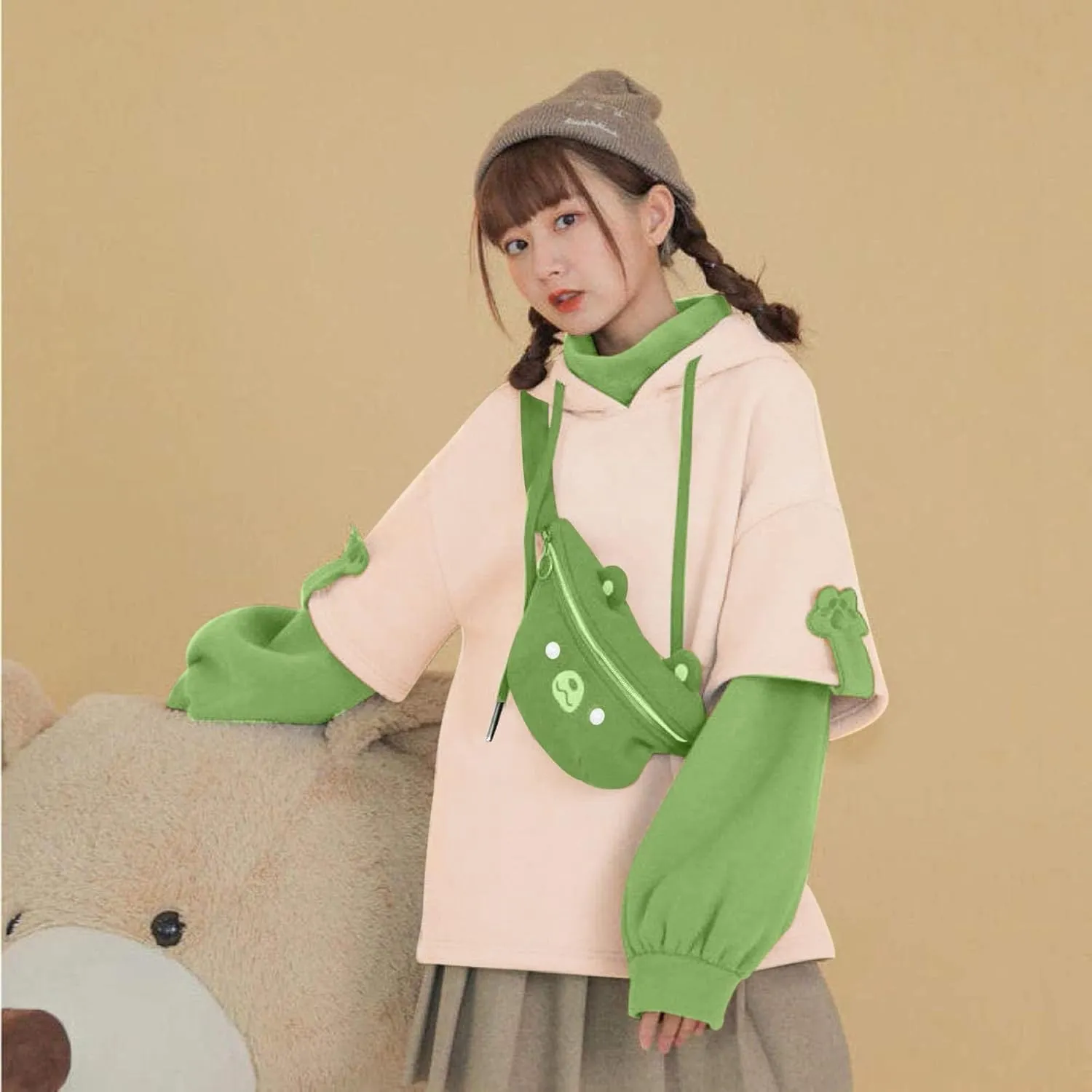 Cute Brown Bear Hoodie for Women Teen Girls Long Sleeve Kawaii Sweatshirts Patchwork Shirt with Cute Personality Bag