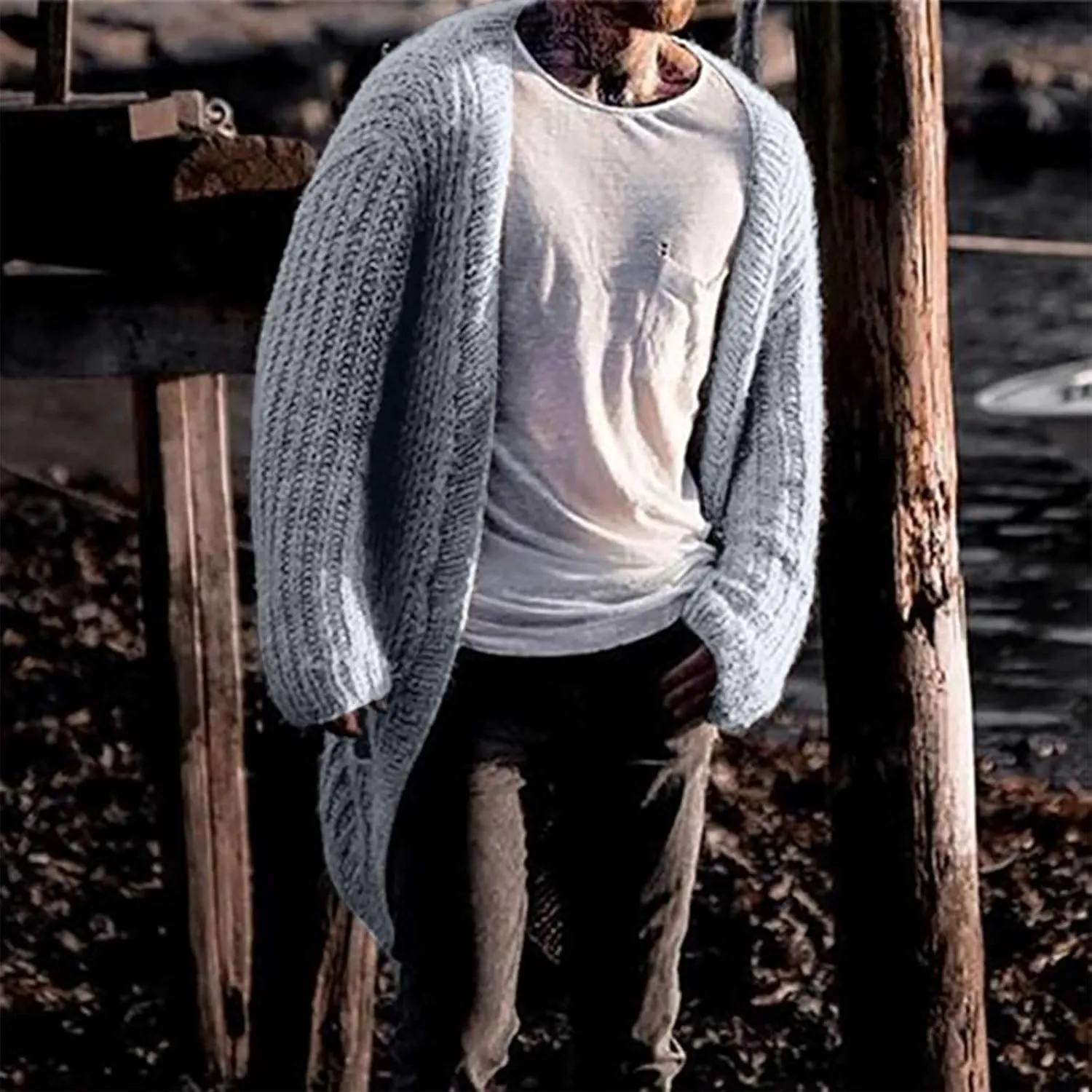 Dgoopd Men Shawl Collar Long Cardigan Sweater Heavyweight Knit Open Front Outerwear Casual Chunky Cable Solid Color Cardigan