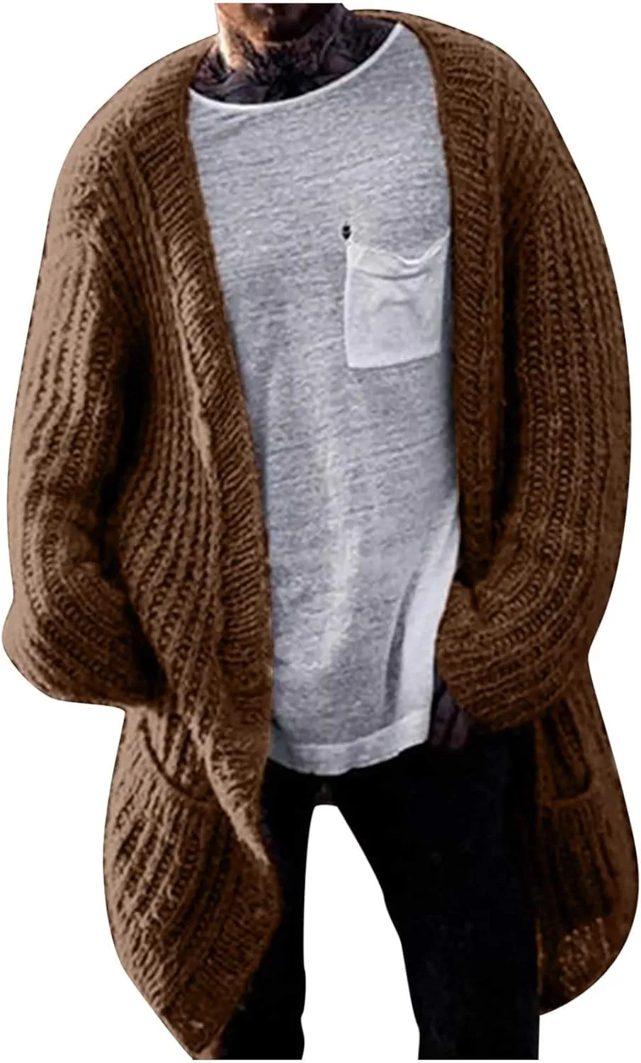 Dgoopd Men Shawl Collar Long Cardigan Sweater Heavyweight Knit Open Front Outerwear Casual Chunky Cable Solid Color Cardigan