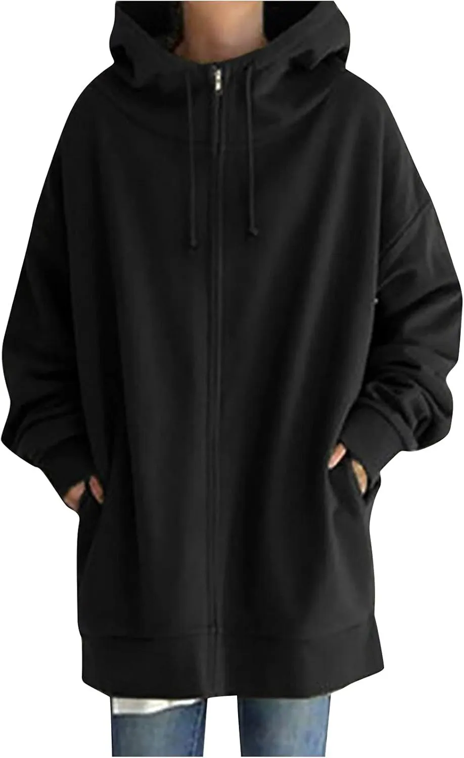DOLKFU Womens Drawstring Long Hoodie Dress Zip Up Pullover Hooded Sweatshirts Casual Clothes Oversized Y2K Winter Tops