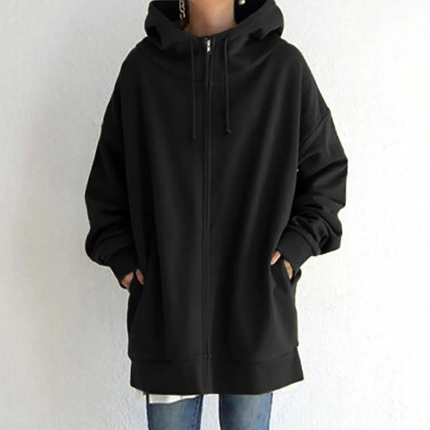 DOLKFU Womens Drawstring Long Hoodie Dress Zip Up Pullover Hooded Sweatshirts Casual Clothes Oversized Y2K Winter Tops