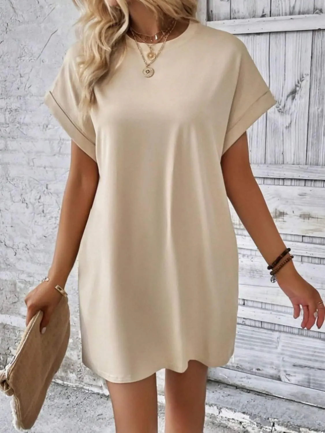 Dresses for Women Summer Batwing Sleeve Crew Neck Mini Dress Solid Color Casual Dressy Sundress Loose Fit Dresses