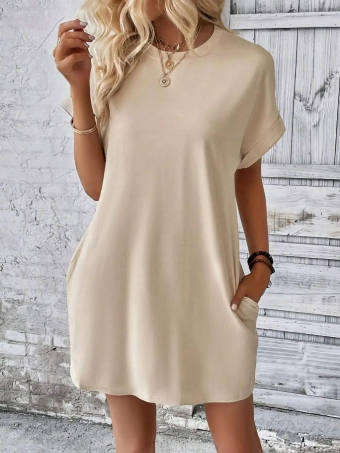 Dresses for Women Summer Batwing Sleeve Crew Neck Mini Dress Solid Color Casual Dressy Sundress Loose Fit Dresses