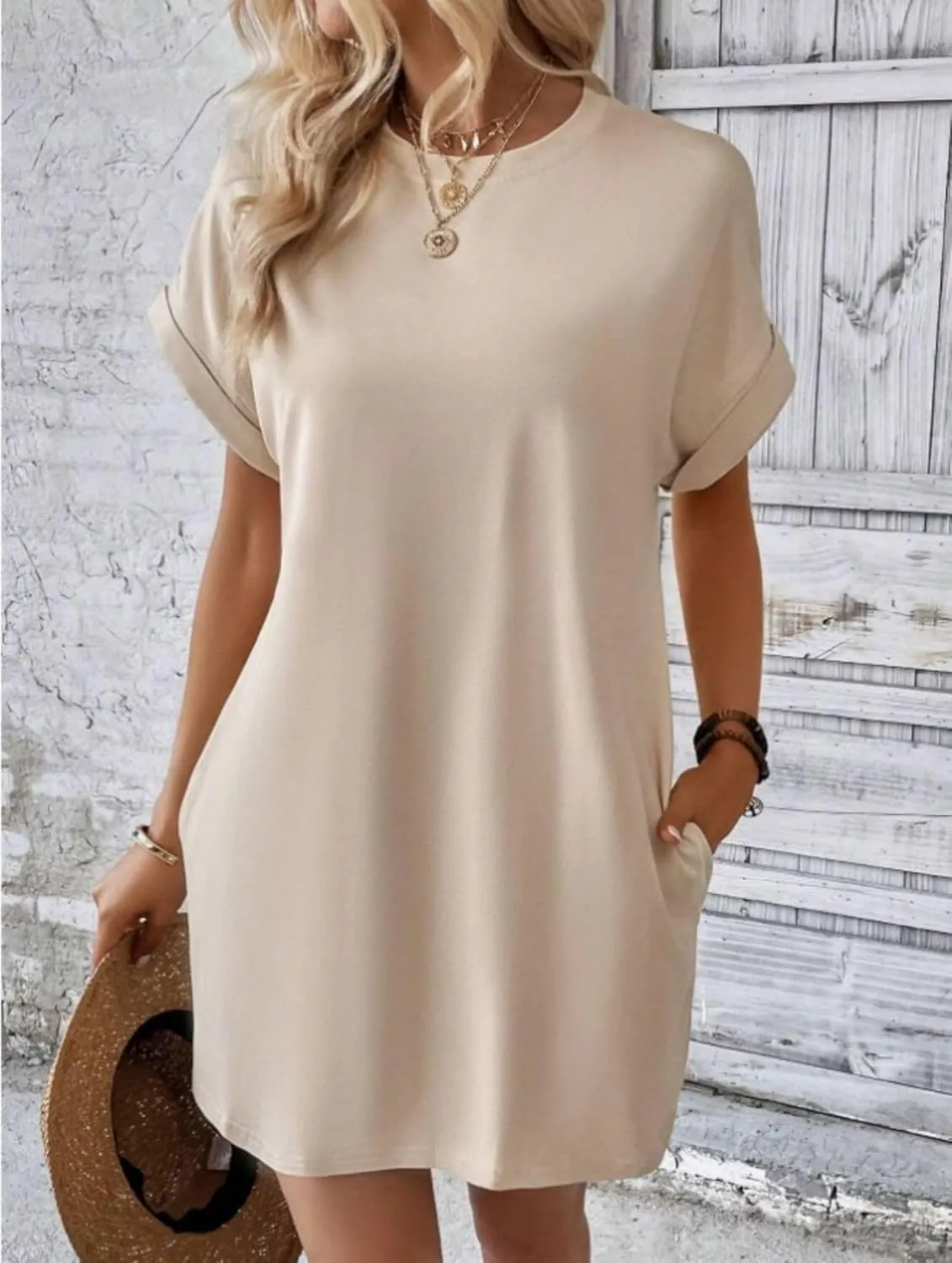 Dresses for Women Summer Batwing Sleeve Crew Neck Mini Dress Solid Color Casual Dressy Sundress Loose Fit Dresses