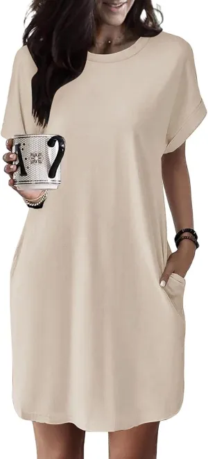 Dresses for Women Summer Batwing Sleeve Crew Neck Mini Dress Solid Color Casual Dressy Sundress Loose Fit Dresses