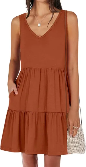 Dresses for Women Summer Fashion Sleeveless V Neck Ruffle Waist Mini Dress Solid Color Beach Vacation Sundress