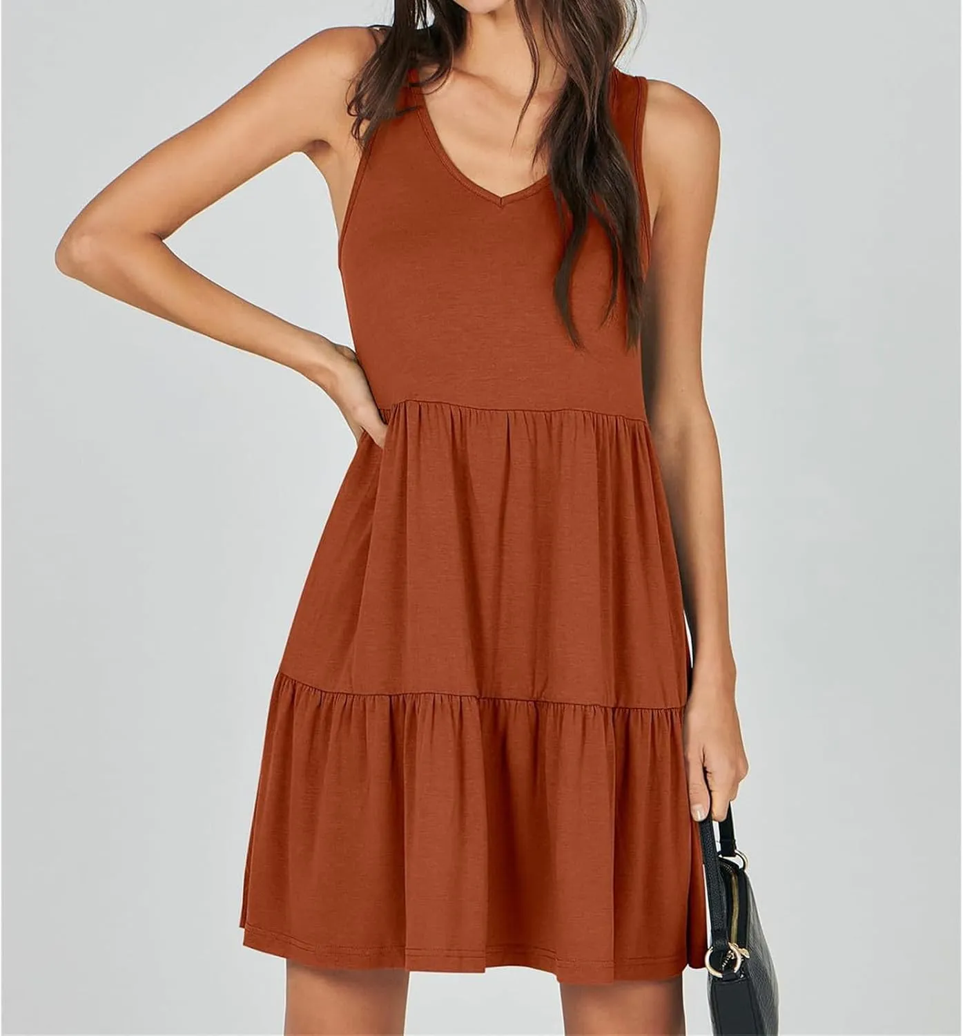 Dresses for Women Summer Fashion Sleeveless V Neck Ruffle Waist Mini Dress Solid Color Beach Vacation Sundress