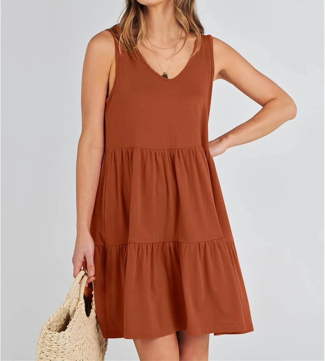 Dresses for Women Summer Fashion Sleeveless V Neck Ruffle Waist Mini Dress Solid Color Beach Vacation Sundress