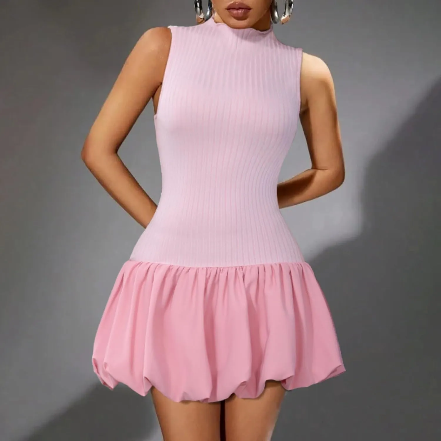 Ekaliy Bubble Dress for Women Sexy Sleeveless Mock Neck Knit Open Back Mini Dress Bodycon Y2k Party Club Short Dress