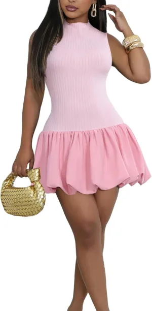 Ekaliy Bubble Dress for Women Sexy Sleeveless Mock Neck Knit Open Back Mini Dress Bodycon Y2k Party Club Short Dress
