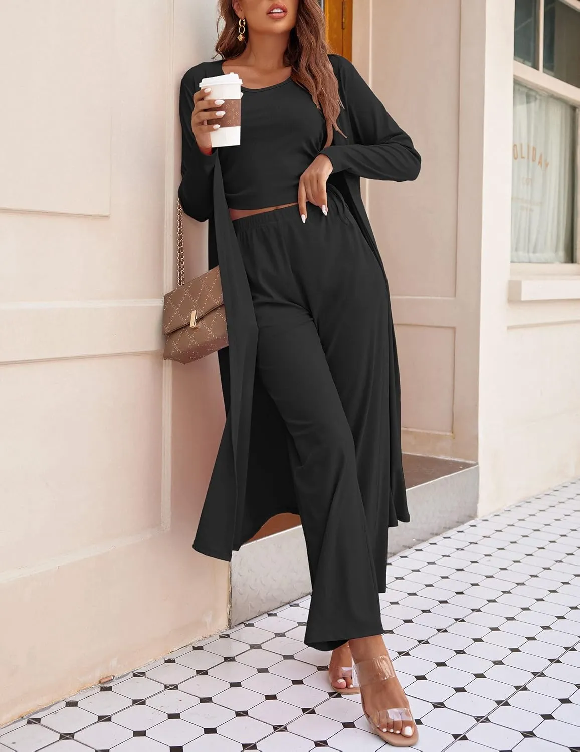 Ekouaer Women's 3 Piece Knit Lounge Set Pajama Long Sleeve Cardigan Sleeveless Top Pants Sweatsuit S-XXL