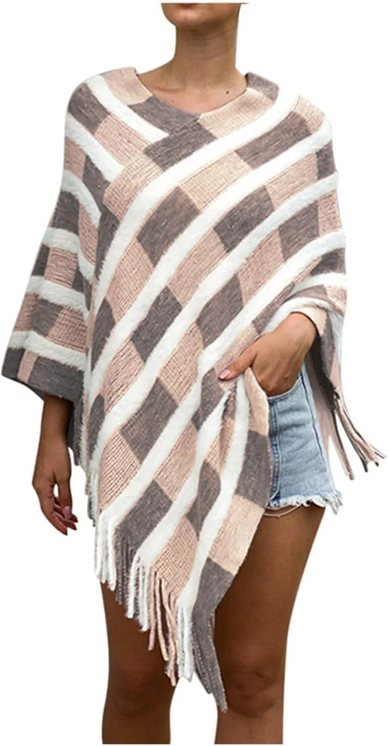 Elegant Cloak for Ladies Stripes Plaid Print Shawl Crew Neck Sleeveless Pullover Tops Tassel Irregular Hem Cover Up