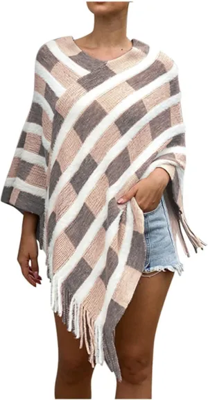 Elegant Cloak for Ladies Stripes Plaid Print Shawl Crew Neck Sleeveless Pullover Tops Tassel Irregular Hem Cover Up