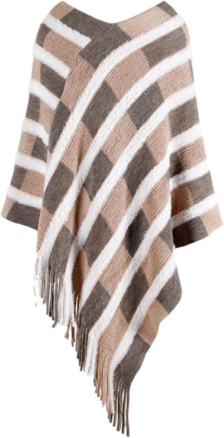 Elegant Cloak for Ladies Stripes Plaid Print Shawl Crew Neck Sleeveless Pullover Tops Tassel Irregular Hem Cover Up