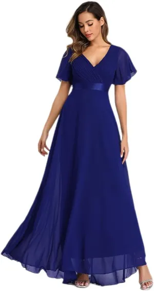 Elegant Double V-Neck Flared Sleeve Maxi Dress - Elastic Chiffon Bridesmaid Plus Size Evening Gown Blue